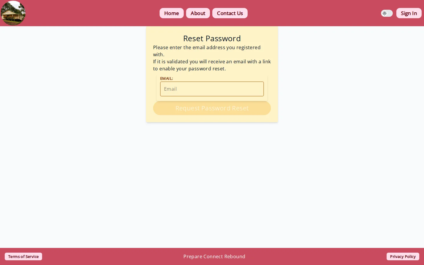 The password reset request screen where you enter your account email